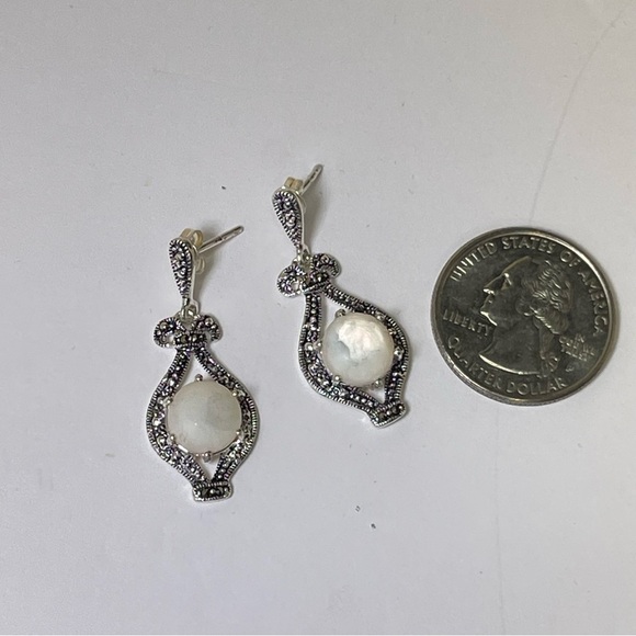 Silver Tone Filagree Victorian Style Earrings with Pearlized Center Stone - Picture 3 of 7